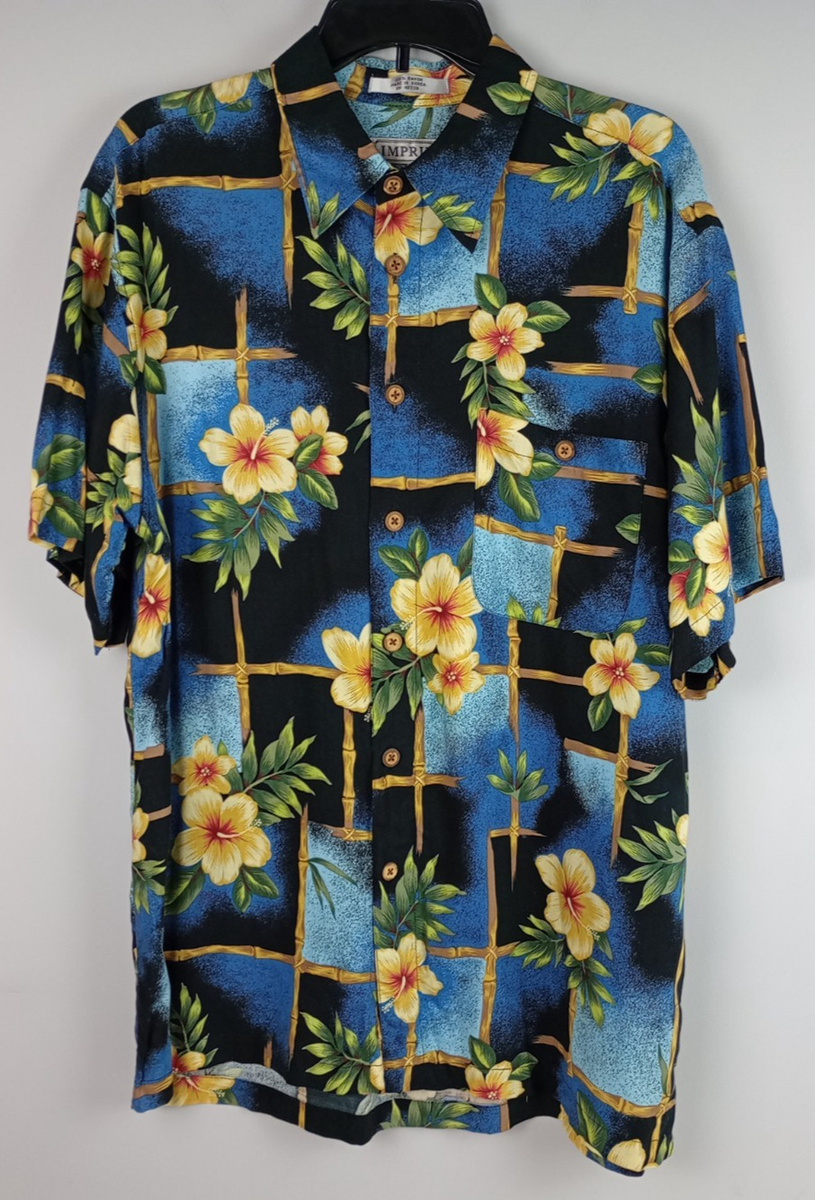 Imprints Mens L Blue Black Yellow Floral Short Sleeve Button‎ Up Hawaiian Shirt